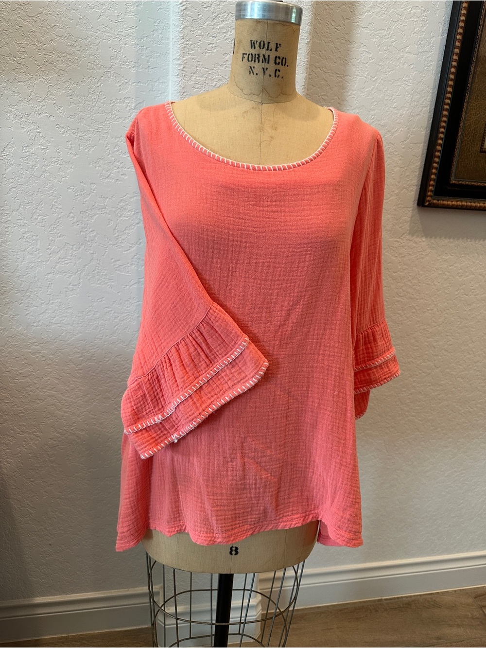 Relaxed Coral Gauze Tunic Top with Ruffled Sleeves
